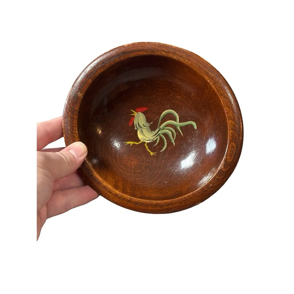 Vintage Hand Painted Rooster Wooden Bowl‎ Farmhouse Rustic Decor 6 inch